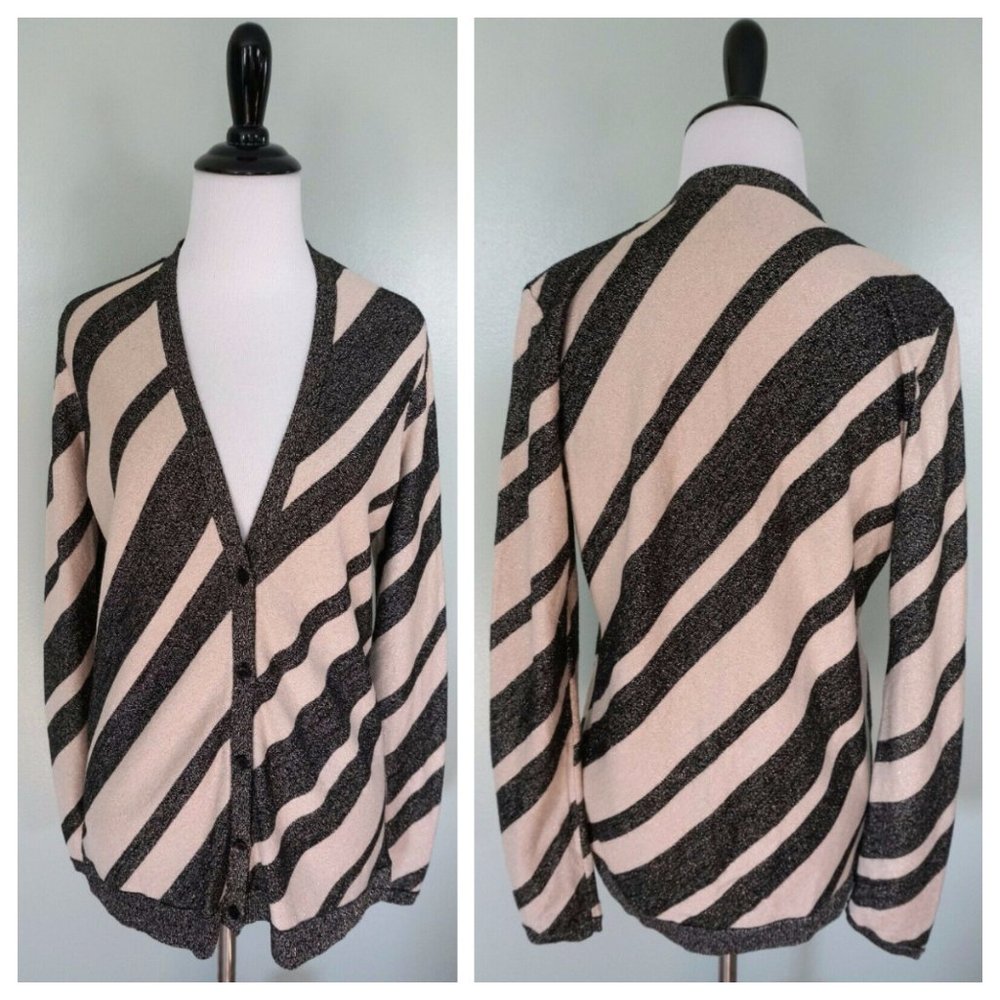 ANNE KLEIN Tan Black Silver Animal Print Cardigan